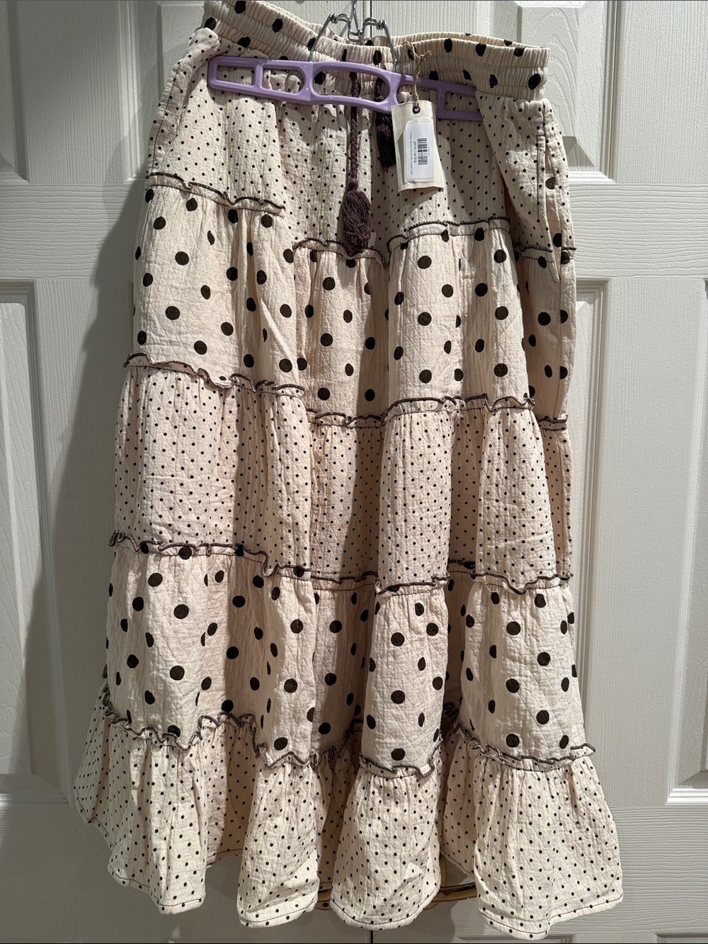 Easel Tiered Polka Dot Midi Skirt - Cream with Brown Dots
